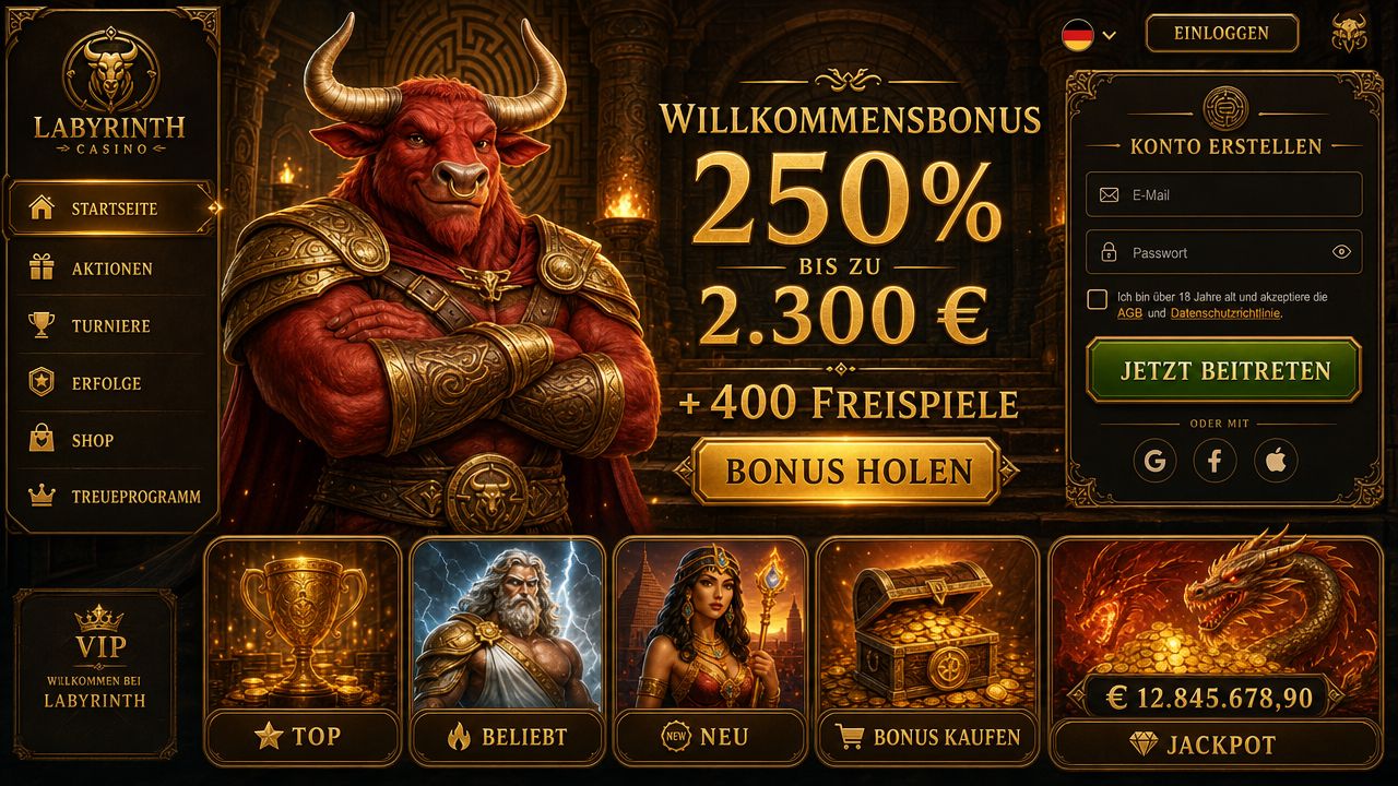 Übersichtliche Casino-Oberfläche von Mino Casino mit Spielkategorien und Spielautomaten